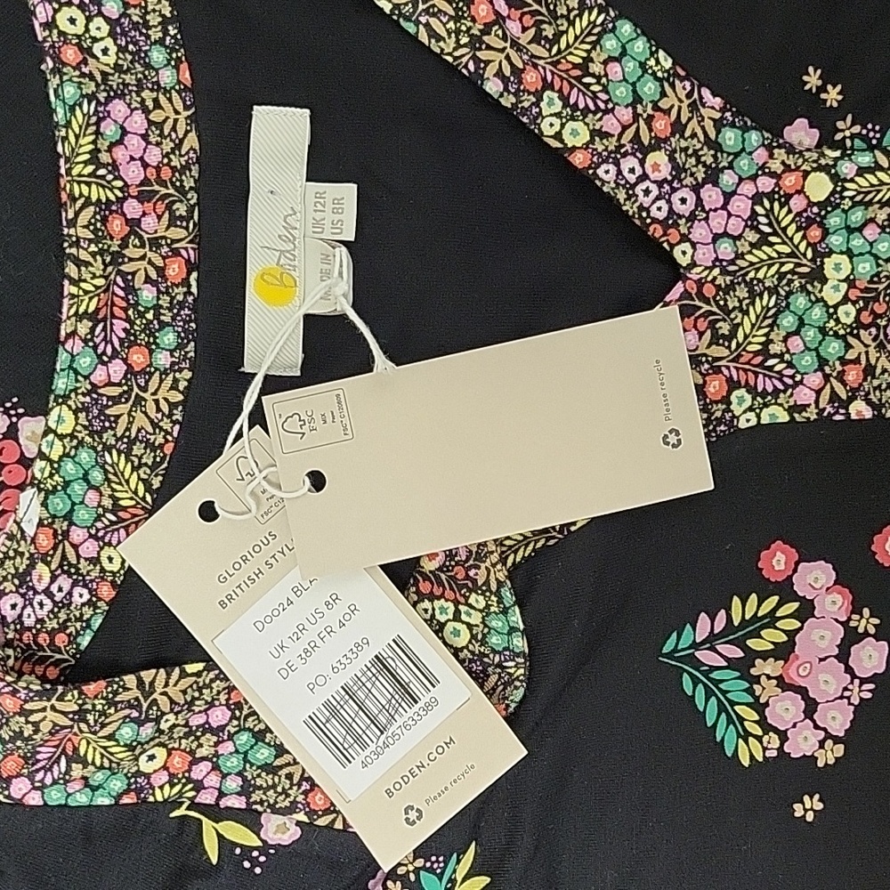 Boden Short Sleeve Floral Black Dress 8 Midi Viscose New Church Office Business - Picture 6 of 8